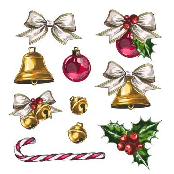 Christmas decorations hand drawn vector set, Christmas tree ball, mistletoe Stock Illustration