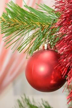 Christmas decorations hanging on a pine tree with glitter, Stock Photos