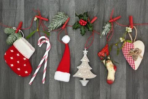Christmas Decorations Hanging on a String Line Stock Photos