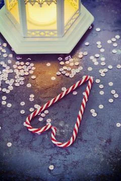 Christmas decorations - lantern and candy canes, retro toned Stock Photos