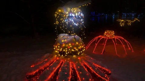 Christmas decorations lights in park. A bee made of christmas lights. Stock Footage 70543530