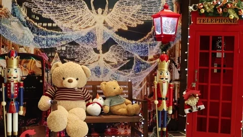 Christmas decorations with old -fashioned red telephone box, royal mail box a Stock Footage 145297057