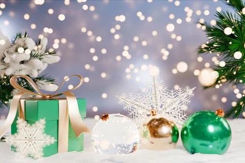 Christmas decorations with ornaments, a gift box, and festive lights Illustrazione stock