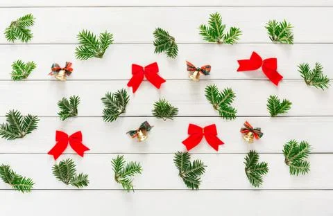 Christmas decorations with pine branches bows and bells Stock Photos