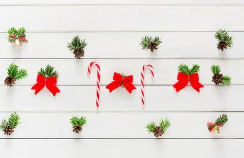 Christmas decorations with pine branches bows and candy canes Stock Photos