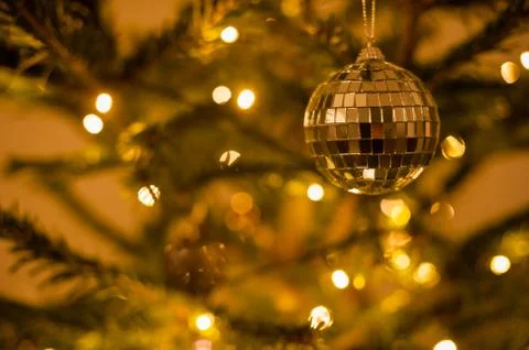 Christmas decorations on a pine tree 스톡 사진
