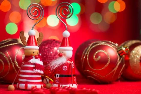 Christmas decorations on red background Stock Photos