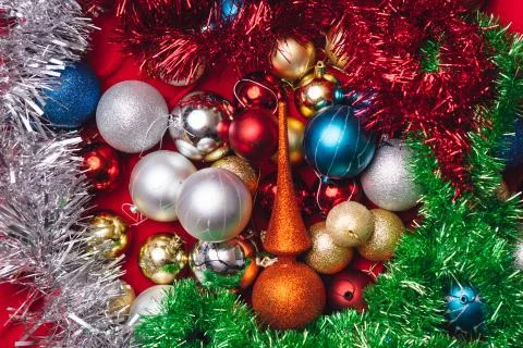 Christmas decorations on red background Stock Photos