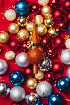Christmas decorations on red background Stock Photos