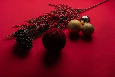 Christmas decorations on red background Stock Photos