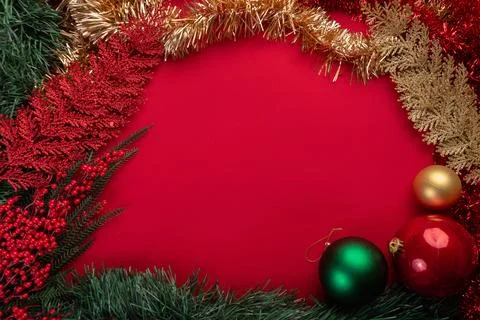 Christmas decorations on red background Stock Photos