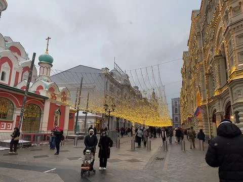 Christmas decorations on the Red Square. Stock Photos