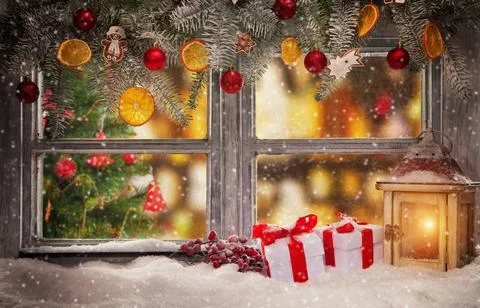 Christmas decorations on rustic wood background Illustrazione stock