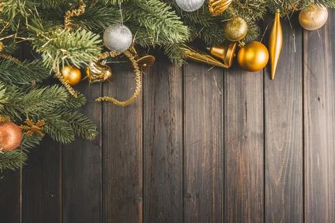 Christmas decorations on rustic wood background Stock Illustration