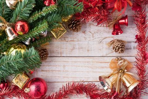 Christmas decorations on rustic wood background Stock Illustration