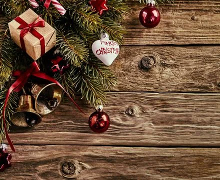 Christmas decorations on rustic wood background Stock Illustration