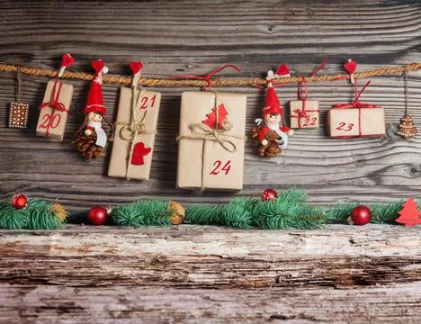 Christmas decorations on rustic wood background Stock Illustration
