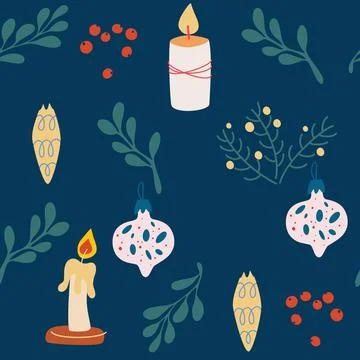 Christmas decorations seamless pattern. Candles, Christmas tree toys and twig Stock Illustration