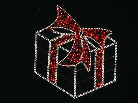 Christmas decorations in the shape of a gift box, made of lights, in Baia Mar Stock Photos