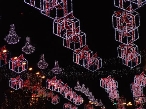 Christmas decorations in the shape of a gift boxes, made of lights, in Baia M Fotos Stock