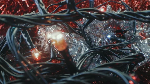 Christmas decorations. Slide camera decorative stuff and shining garland lights Stock Footage 144026399