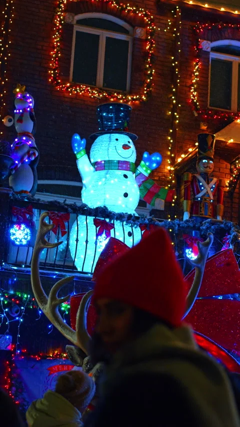 Christmas decorations with snowman and nutcracker on house balcony NYC Video stock 331572281