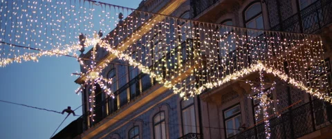 Christmas decorations on the streets of Lisbon during a holiday season. Stock Footage 141364112