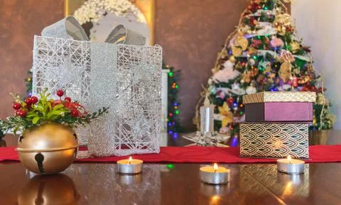 Christmas decorations on table Stock Photos