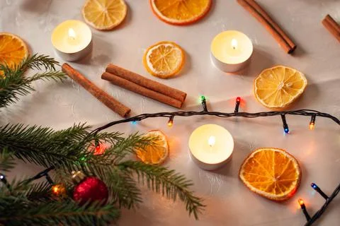 Christmas decorations on the table with white tablecloth Stock Photos
