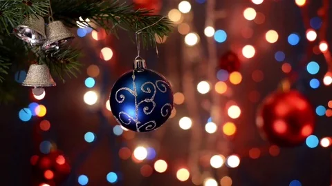 Christmas decorations on tree, branch, bokeh background, out of focus lights Stock Footage 76048429