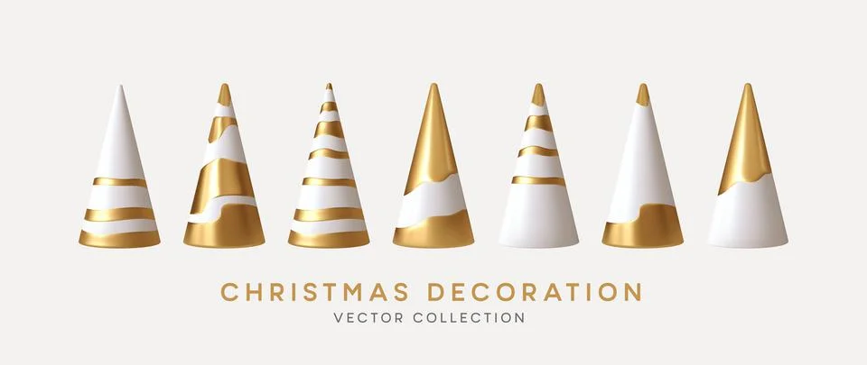 Christmas decorations vector collection. Set of realistic 3d white gold trendy Stock Illustration