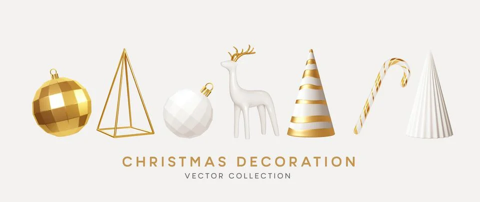 Christmas decorations vector collection. Set of realistic 3d white gold trendy Stock Illustration