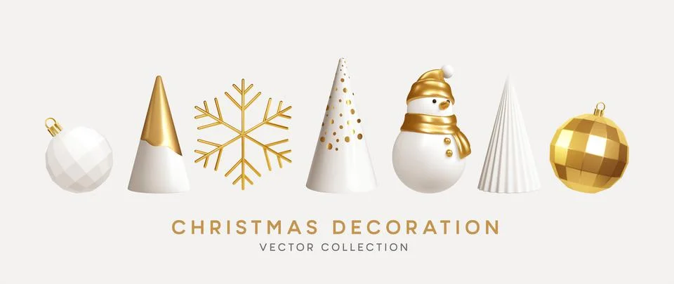 Christmas decorations vector collection. Set of realistic 3d white gold trendy Stock Illustration