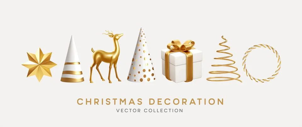 Christmas decorations vector collection. Set of realistic 3d white gold trending Stock Illustration