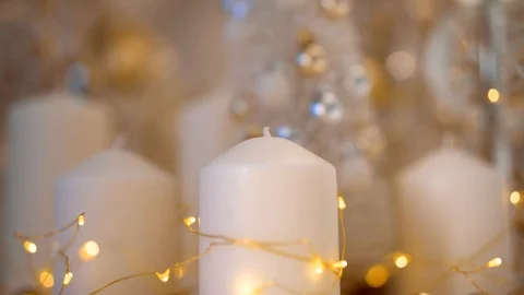 Christmas decorations in white and gold colors with new year tree Stock Footage