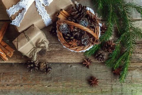 Christmas decorations on a wooden background Stock Photos