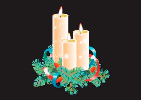 Christmas decorative composition. Three burning wax candles Stock Illustration