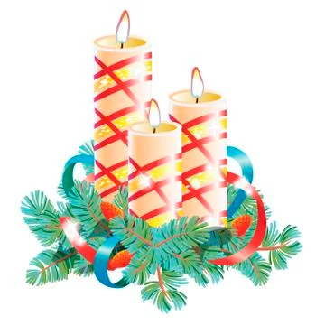 Christmas decorative composition. Three burning wax candles decorated Stock Illustration