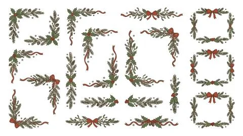 Christmas decorative corner elements and borders with pine branches and red.. Stockillustratie