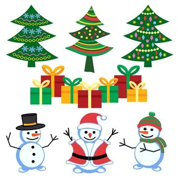Christmas decorative elements such as Christmas tree, gift boxes and snowman Illustrazione stock