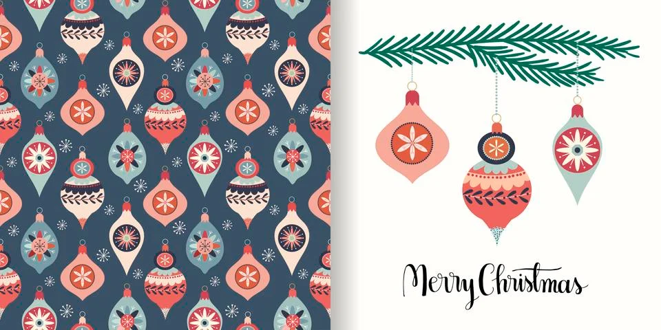 Christmas decorative set with seamless pattern and Christmas greeting card Stock Illustration