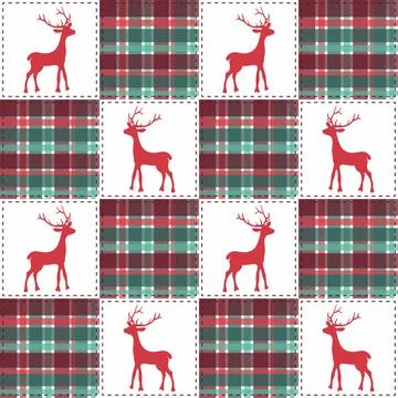 Christmas Deer Patchwork Check Seamless Pattern Stock Illustration