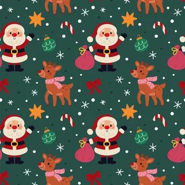 Christmas deer seamless pattern. Repeated holiday objects, funny santa Stock Illustration