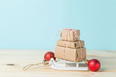 Christmas delivery concept - stack of presents, on santa sled Stock Photos