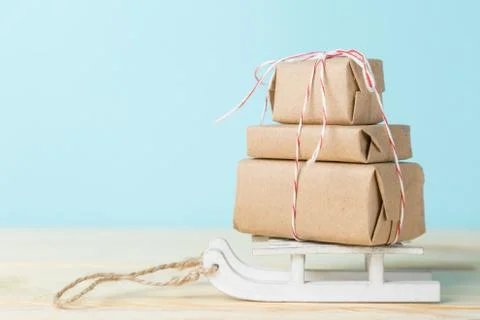 Christmas delivery concept - stack of presents, on santa sled Stock Photos