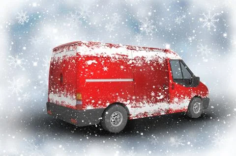 Christmas delivery van on a sparkly background with snowflakes Stock Illustration