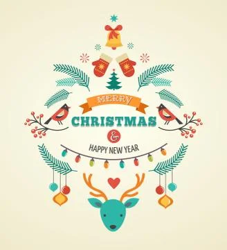 Christmas design with birds, elements and deer Stock Illustration