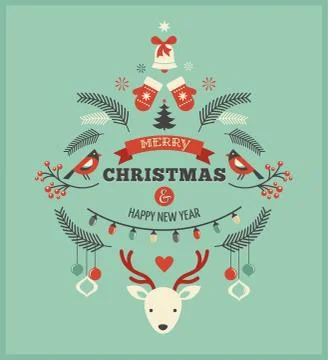 Christmas design with birds, elements and deer 스톡 일러스트
