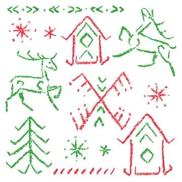 Christmas design element deer, house, tree, snowflake set. Stock Illustration