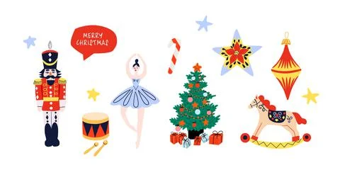 Christmas design elements with nutcracker, ballerina, stars and others. Stock Illustration
